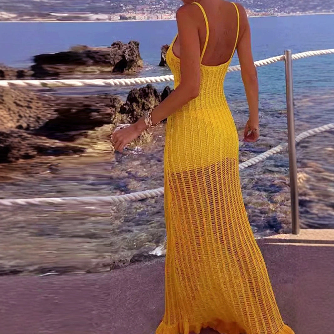 Knitted Hollow-out Camisole Beach Vacation Summer Dress