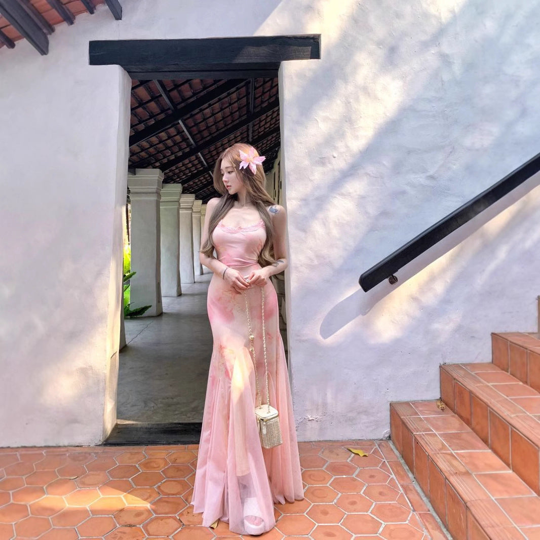 Lace Stitching Printing Straps Tulle Fishtail Dress