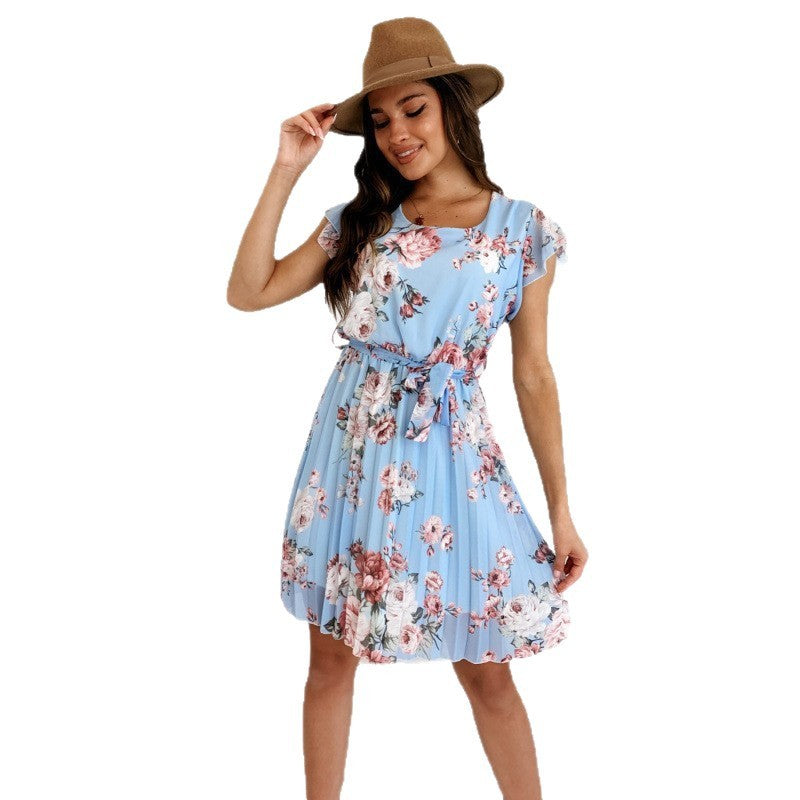 European And American Floating Sleeves Cinched Pleated Dress Women's Clothing