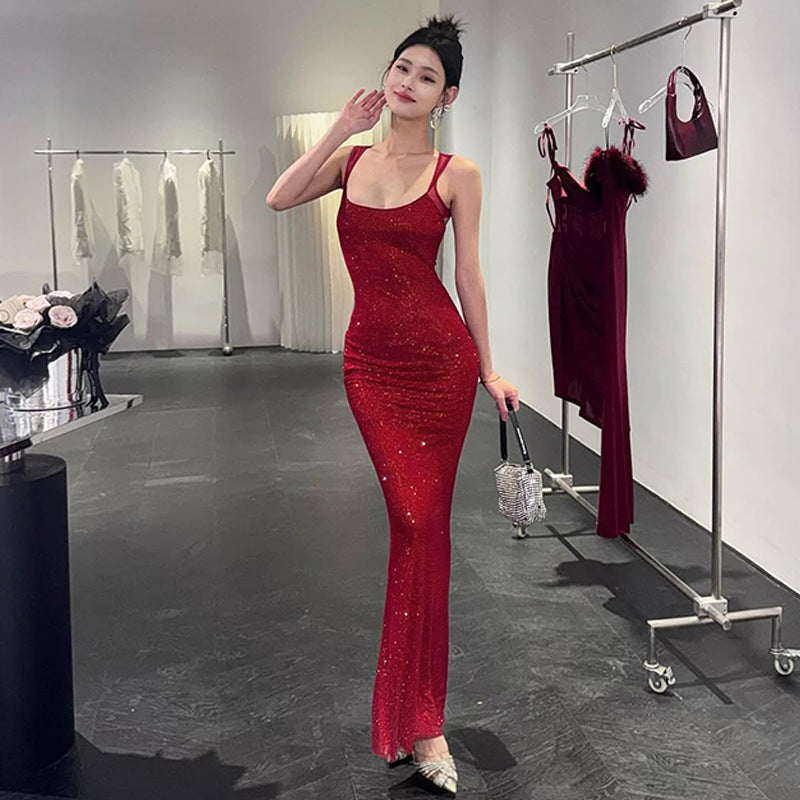 Sexy Backless Mesh Stitching Socialite Temperament Slim Dress