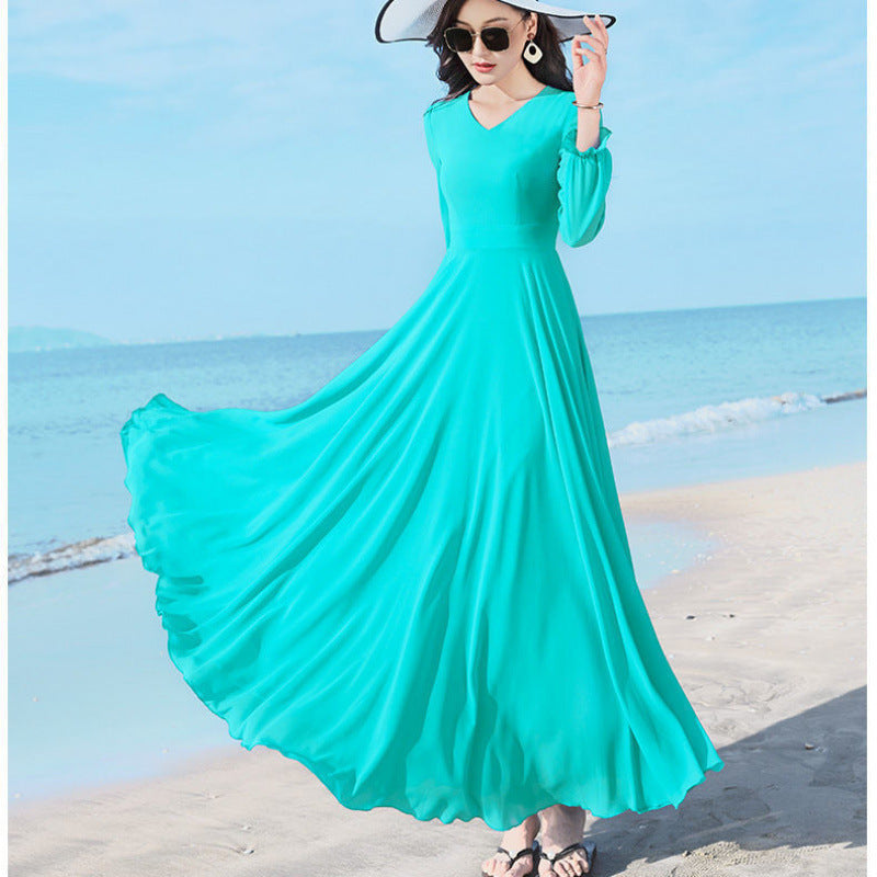Double-layer Swing Slimming Long-sleeved Chiffon Women's Mid-length Over-the-knee Dress