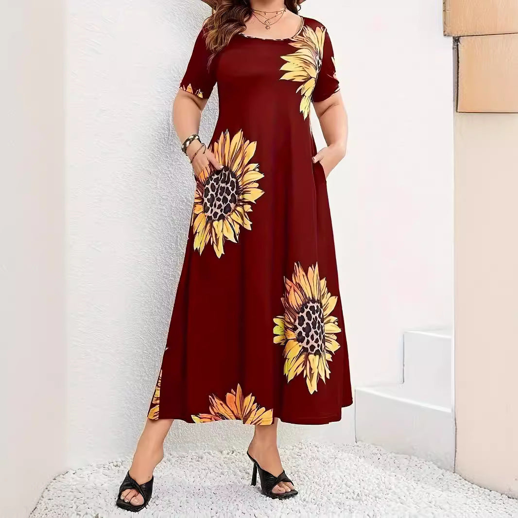 Sunflower Print Loose Short Sleeve Dress