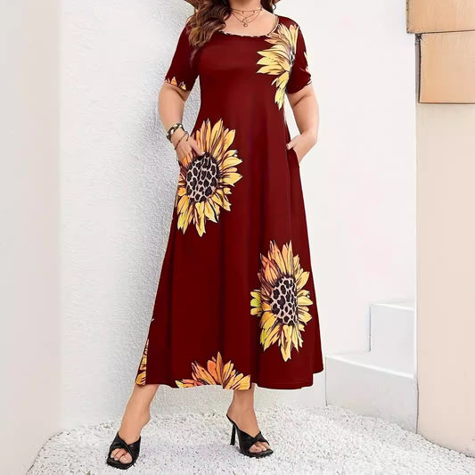 Sunflower Print Loose Short Sleeve Dress